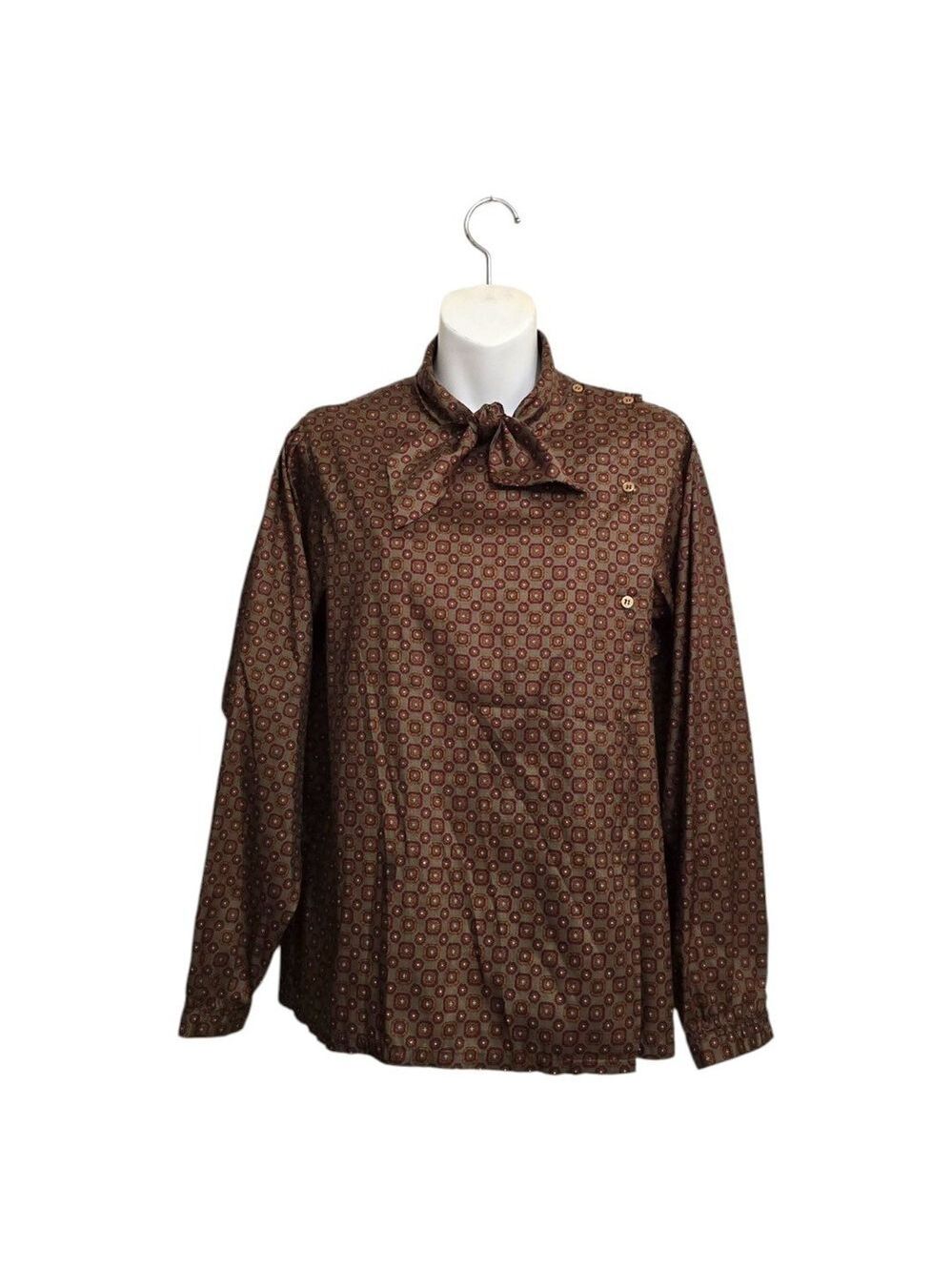 Weathervane Vintage 70s Neck Bow Medallion Print Long Sleeve Blouse Sz 10